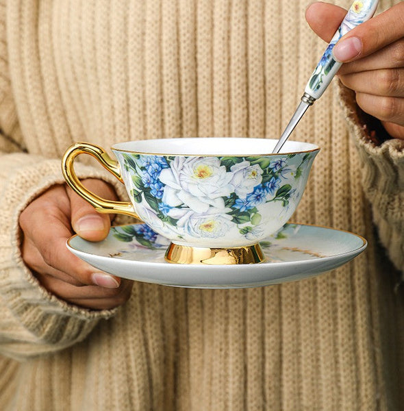 Elegant British Ceramic Coffee Cups, 7.4 oz Tea Cup and Saucer in Gift Box, Royal Porcelain Tea Cup Saucer Set, Rose Flower Pattern Ceramic Cups-ArtWorkCrafts.com