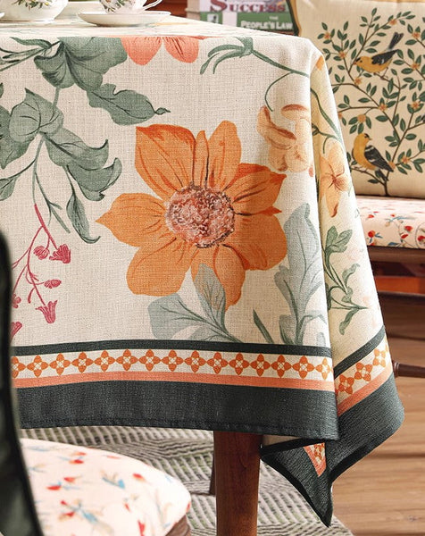 Linen Table Cover for Dining Room Table, Beautiful Kitchen Table Cover, Spring Flower Tablecloth for Round Table, Simple Modern Rectangle Tablecloth Ideas for Oval Table-ArtWorkCrafts.com