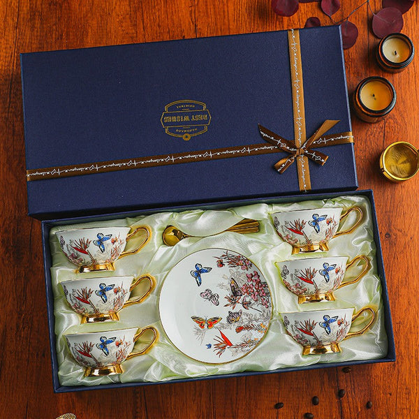 Ceramic Coffee Cups in Gift Box, Butterfly Pattern Porcelain Tea Cup and Saucer Set, British Traditional Afternoon Tea Cup and Saucer Set-ArtWorkCrafts.com