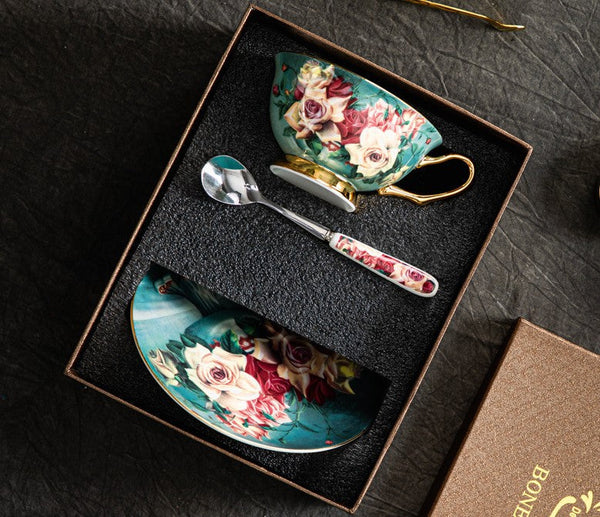 Large Rose Royal Ceramic Cups, Afternoon Bone China Porcelain Tea Cup Set, Unique Tea Cups and Saucers in Gift Box, Elegant Flower Ceramic Coffee Cups-ArtWorkCrafts.com