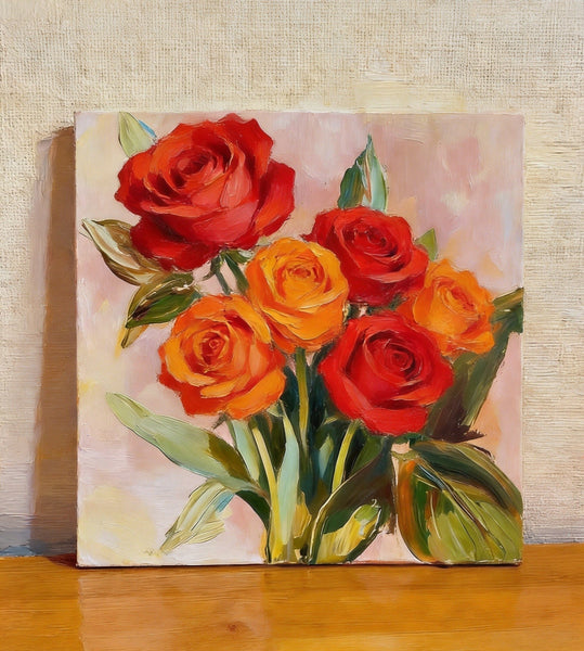 Small Canvas Artwork, Still Life Painting, Hand Painted Canvas Art, A Bunch of Blooming Rose Flowers, Original Flower Paintings, Buy Small Paintings Online-ArtWorkCrafts.com