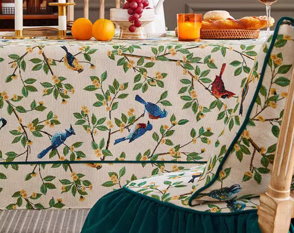 Large Modern Rectangle Tablecloth for Dining Room Table, Bird Flower Pattern Farmhouse Table Cloth, Square Tablecloth for Round Table-ArtWorkCrafts.com