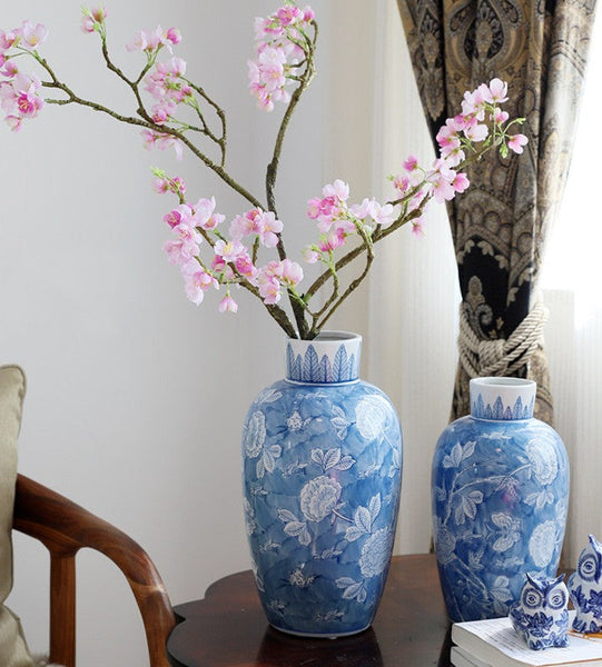 Large Flower Vases on Dining Table, Blue Porcelain Flower Vases, Centerpiece Ceramic Bouquet Vases, Handmade Modern Flower Vase-ArtWorkCrafts.com