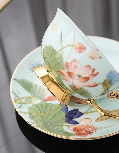 Lotus Flower Porcelain Tea Cup Saucer Set, Unique British Tea Cup and Saucer in Gift Box, Elegant British Ceramic Coffee Cups-ArtWorkCrafts.com