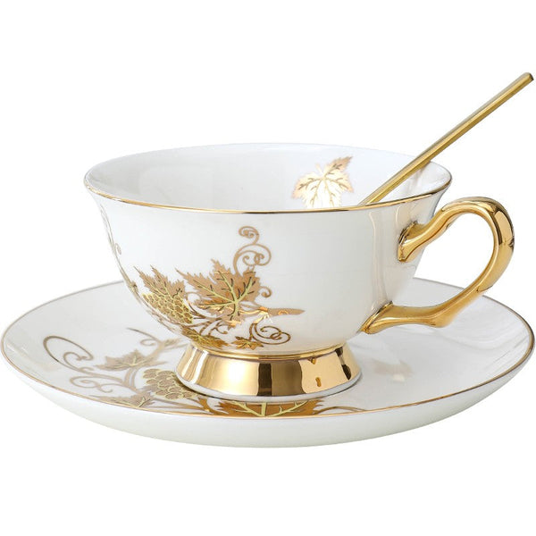 Golden Leaves and Grapes Bone China Porcelain Tea Cup Set, Unique British Tea Cup and Saucer in Gift Box, Elegant British Ceramic Coffee Cups-ArtWorkCrafts.com