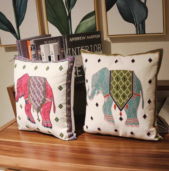 Cotton Decorative Pillows, Elephant Embroider Cotton Pillow Covers, Farmhouse Decorative Sofa Pillows, Decorative Throw Pillows for Couch-ArtWorkCrafts.com