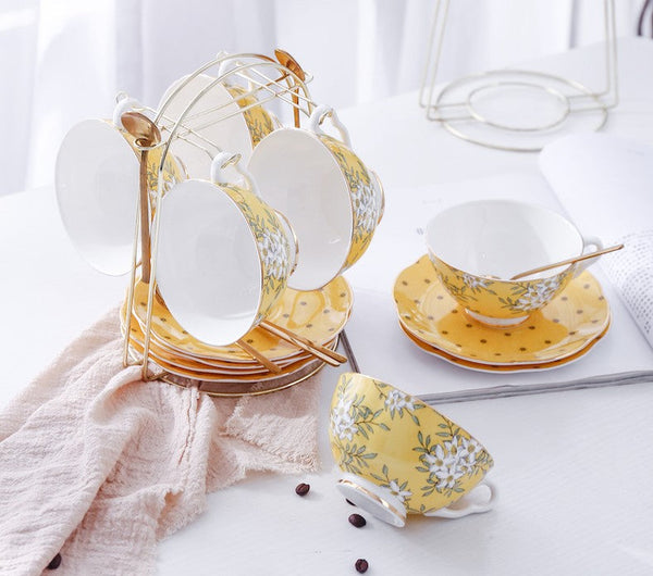 Creative Yellow Ceramic Coffee Cups, Unique Flower Coffee Cup and Saucer, Beautiful British Tea Cups, Creative Porcelain Tea Cup Set-ArtWorkCrafts.com