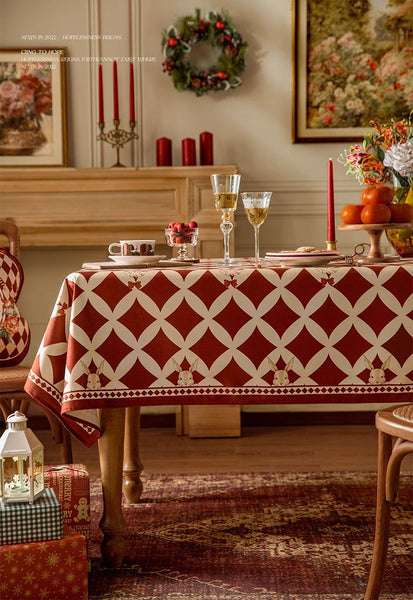 Holiday Red Tablecloth for Dining Table, Rabbit Pattern Table Cover for Dining Room Table, Modern Rectangle Tablecloth for Oval Table-ArtWorkCrafts.com
