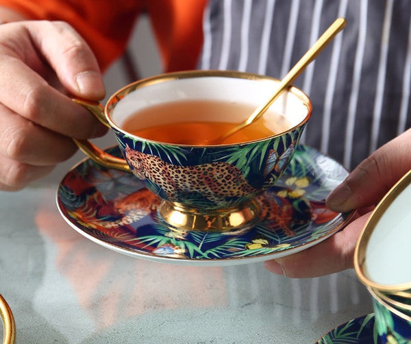 Creative Leopard Ceramic Coffee Cups, Unique Tea Cups and Saucers in Gift Box as Birthday Gift, Beautiful British Tea Cups, Creative Bone China Porcelain Tea Cup Set-ArtWorkCrafts.com