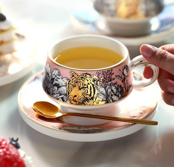 Handmade Ceramic Cups with Gold Trim and Gift Box, Jungle Tiger Cheetah Porcelain Coffee Cups, Creative Ceramic Tea Cup and Saucer-ArtWorkCrafts.com