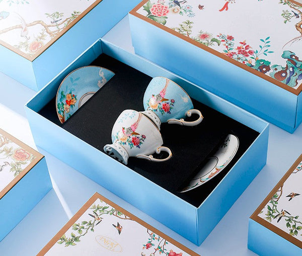 Elegant Oriental Pheasant Ceramic Cups, Beautiful Bird Pattern Tea Cups, 8 oz Porcelain Tea Cup Saucer Set of 2 Cups, Unique Tea Cup and Saucer in Gift Box-ArtWorkCrafts.com