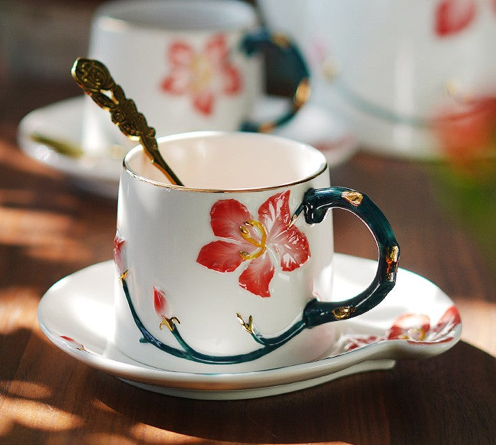 Afternoon British Tea Cups, Creative Bone China Porcelain Tea Cup Set, Traditional English Tea Cups and Saucers, Unique Ceramic Coffee Cups-ArtWorkCrafts.com