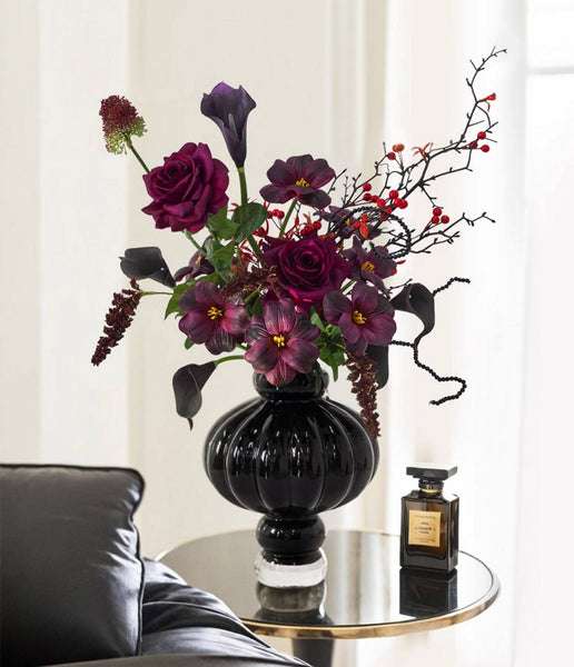 Unique Contemporary Vases for Modern Home Decor, Black Glass Bud Vases, Handmade Liuli Vases, Centerpiece Vases on Table, Black Glaze Vase-ArtWorkCrafts.com