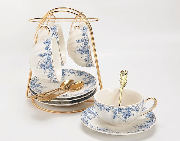 Blue Bone China Porcelain Tea Cup Set, British Royal Ceramic Cups for Afternoon Tea, Unique Blue Tea Cup and Saucer in Gift Box, Elegant Ceramic Coffee Cups-ArtWorkCrafts.com