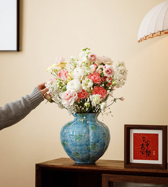 Pottery Flower Vases, Modern Bouquet Flower Vases, Centerpiece on Dining Table, Blue Flower Vase on Table, Handmade Water Holding Flower Vases-ArtWorkCrafts.com