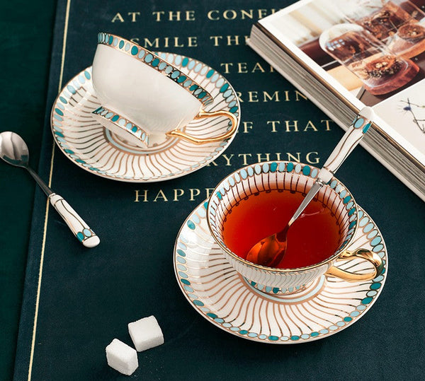 Unique Tea Cup and Saucer in Gift Box, Elegant British Ceramic Coffee Cups, Bone China Porcelain Tea Cup Set for Office, Green Ceramic Cups-ArtWorkCrafts.com