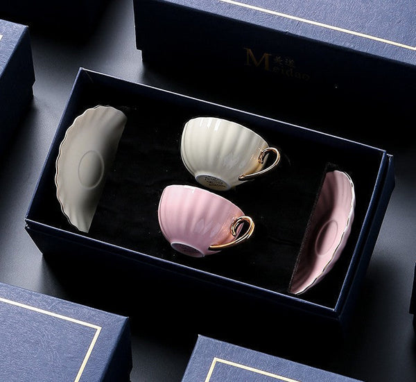 French Style Tea Cup and Saucer in Gift Box as Birthday Gift, Elegant Macaroon Ceramic Coffee Cups, Porcelain Tea Cup Saucer Set of 2 Cups, Beautiful British Tea Cups-ArtWorkCrafts.com