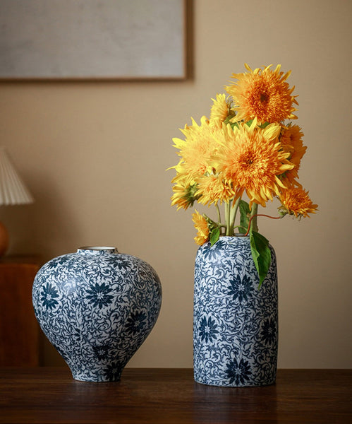 Vintage Bouquet Flower Vases, Centerpiece on Dining Table, Large Blue Flower Vase on Table, Handmade Porcelain Flower Vases Urn, Water Holding Flower Vases-ArtWorkCrafts.com