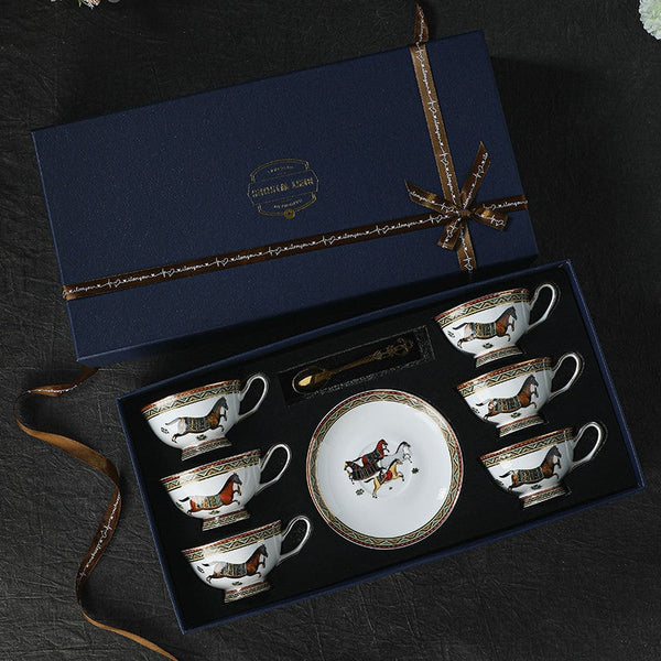 Elegant British Horse Pattern Coffee Cup with Saucer, 7.4 oz Ceramic Tea Cup and Saucer in Gift Box, Porcelain Tea Cup and Saucer Set-ArtWorkCrafts.com