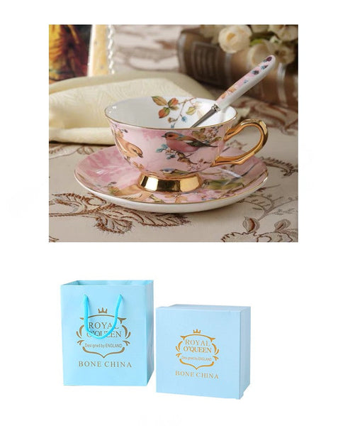 Elegant Ceramic Coffee Cups, 7.4 oz British Tea Cups, Bird Porcelain Tea Cup Saucer Set, Tea Cup and Saucer in Gift Box as Birthday Gift-ArtWorkCrafts.com