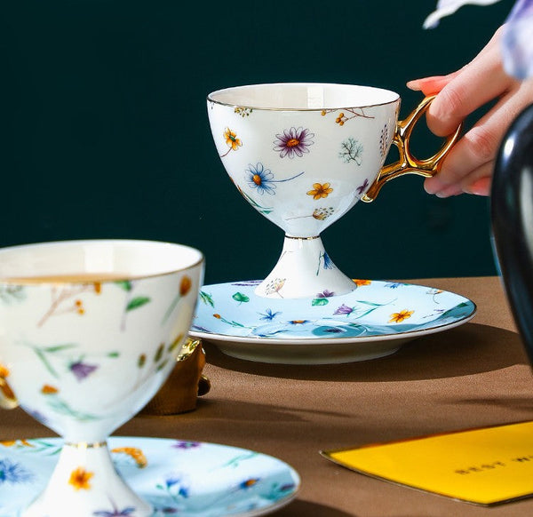 Elegant British Ceramic Coffee Cup with Saucer, 6.8 oz Tea Cup and Saucer Set in Gift Box, Floral Porcelain Tea Cup and Saucer Set, Flower Ceramic Tea Cup and Saucer-ArtWorkCrafts.com