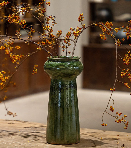Ceramic Bouquet Vases, Green Flower Vases on Table, Porcelain Flower Vases, Dining Table Centerpiece, Handmade Water Holding Flower Vase-ArtWorkCrafts.com
