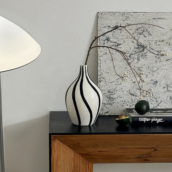 Porcelain Flower Vases, Modern Flower Vases on Table, Water Holding Flower Vases, Black and White Striped Ceramic Vase-ArtWorkCrafts.com