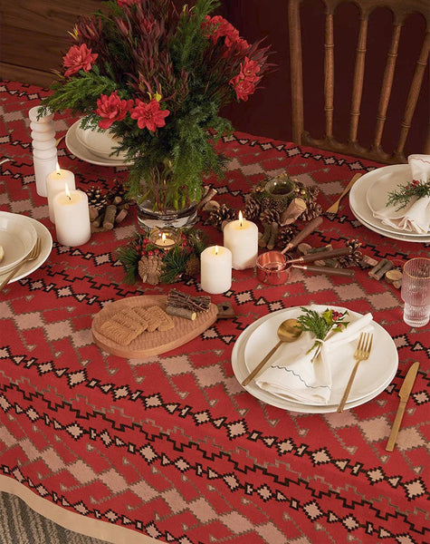 Red Christmas Holiday Tablecloth for Oval Table, Large Modern Rectangle Tablecloth for Dining Room Table, Square Table Covers for Kitchen, Farmhouse Table Cloth for Round Table-ArtWorkCrafts.com