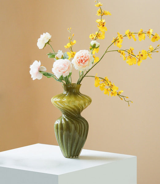 Unique Decorative Glass Vase, Centerpiece Vases on Table, Handmade Contemporary Glass Vases, Modern Green Vases for Living Room, Mid Century Vases for Flowers-ArtWorkCrafts.com