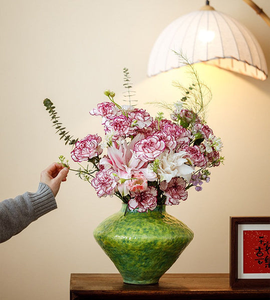 Centerpiece on Dining Table, Modern Pottery Flower Vases, Handmade Water Holding Flower Vases, Pottery Bud Vases, Large Green Flower Vases on Table-ArtWorkCrafts.com