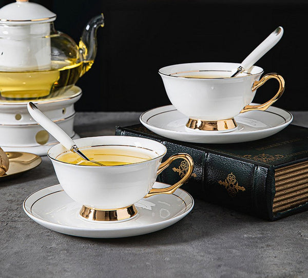 White Ceramic Cups, Elegant British Ceramic Coffee Cups, 7.8 oz Porcelain Tea Cup Saucer Set, Unique Tea Cup and Saucer in Gift Box-ArtWorkCrafts.com