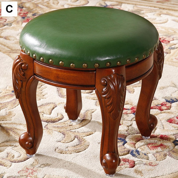 Solid Wood Ottoman, Rubberwood Entry Bench, Vanity Stool, Genuine Leather Solid Wood Entry Bench, Vintage Round Stool-ArtWorkCrafts.com