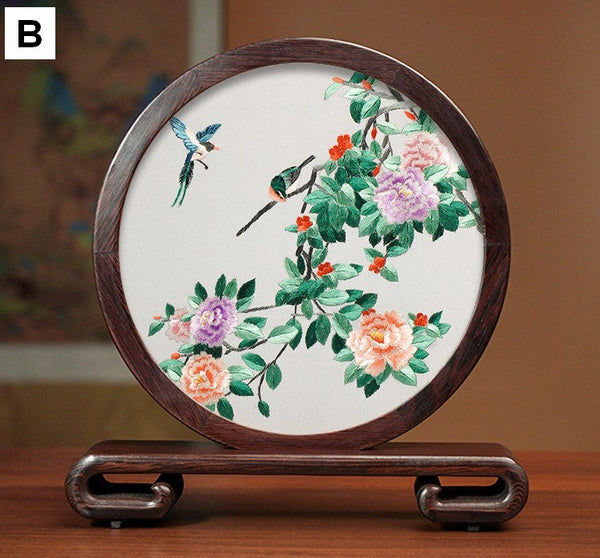 Premium Souvenir, Creative Birthday Gift, Elegant Silk Embroidery Ornaments, Traditional Chinese Suzhou Flower and Birds Silk Embroidery, Exclusive Business Presents-ArtWorkCrafts.com