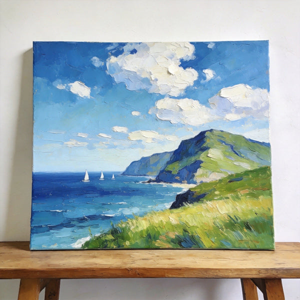 Hand Painted Canvas Art, Sailboats Beneath the Coastal Clouds, Original Small Paintings, Original Oil Paintings, Buy Small Artwork Online, Small Canvas Wall Art Paintings-ArtWorkCrafts.com