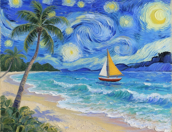 Starry Night by the Sea, Original Oil Paintings, Small Landscape Paintings, Small Oil Paintings on Canvas, Small Paintings on Canvas, Hand Painted Canvas Art-ArtWorkCrafts.com