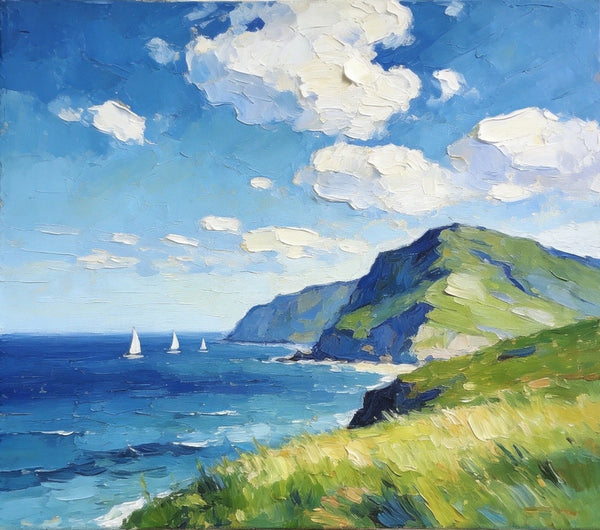 Hand Painted Canvas Art, Sailboats Beneath the Coastal Clouds, Original Small Paintings, Original Oil Paintings, Buy Small Artwork Online, Small Canvas Wall Art Paintings-ArtWorkCrafts.com
