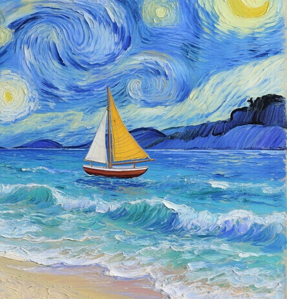 Starry Night by the Sea, Original Oil Paintings, Small Landscape Paintings, Small Oil Paintings on Canvas, Small Paintings on Canvas, Hand Painted Canvas Art-ArtWorkCrafts.com