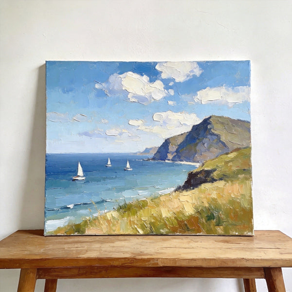 Impressions of a Sunny Seaside Day, Hand Painted Canvas Art, Original Seascape Paintings, Original Oil Paintings, Buy Small Artwork Online, Small Canvas Wall Art Paintings-ArtWorkCrafts.com