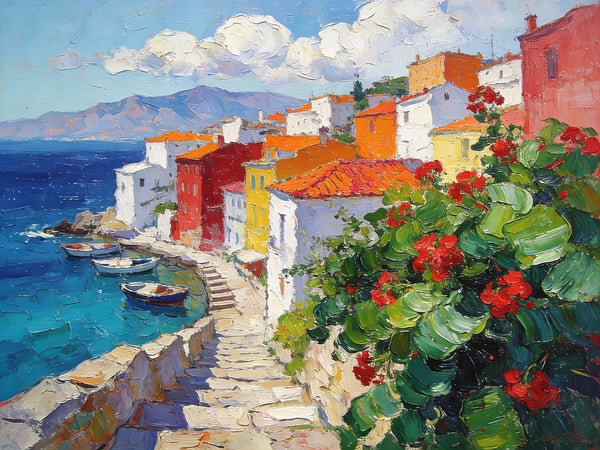 The Quiet Seaside Town, Summer Resort, On Canvas Small Paintings, Hand Painted Canvas Art, Small Landscape Paintings, Original Oil Paintings, Small Wall Art Paintings-ArtWorkCrafts.com