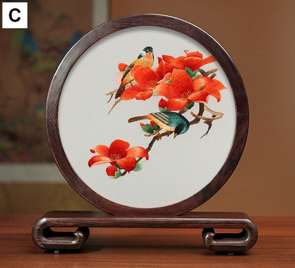 Beautiful Flower and Birds Silk Embroidery Ornaments, Traditional Chinese Suzhou Silk Embroidery, Exclusive Business Presents, Creative Birthday Gift, Premium Souvenir-ArtWorkCrafts.com