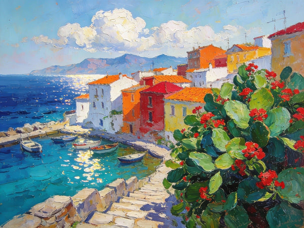 Small Canvas Art, Vibrant Coastal Village, Colorful Houses by the Sea, Original Wall Paintings, On Canvas Small Paintings, Original Artwork Small Paintings, Small Landscape Paintings-ArtWorkCrafts.com