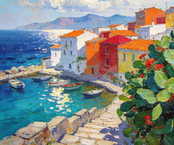 Small Canvas Art, Vibrant Coastal Village, Colorful Houses by the Sea, Original Wall Paintings, On Canvas Small Paintings, Original Artwork Small Paintings, Small Landscape Paintings-ArtWorkCrafts.com