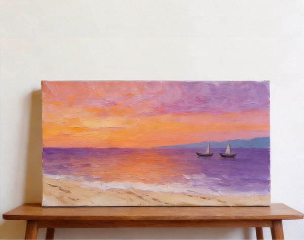 Original Seascape Paintings, Amber Dusk Over the Quiet Shore, Sunset Paintings, Small Canvas Wall Art Paintings, Hand Painted Canvas Art-ArtWorkCrafts.com