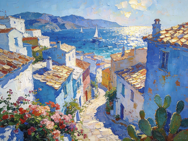 Small Oil Paintings on Canvas, A Mediterranean Seaside Resort Town, Hand Painted Canvas Art, Impasto Artwork, Original Oil Paintings, Small Landscape Paintings on Wall-ArtWorkCrafts.com