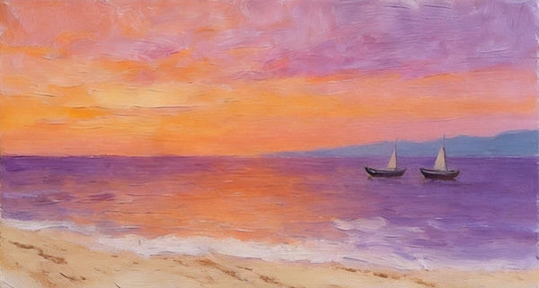 Original Seascape Paintings, Amber Dusk Over the Quiet Shore, Sunset Paintings, Small Canvas Wall Art Paintings, Hand Painted Canvas Art-ArtWorkCrafts.com