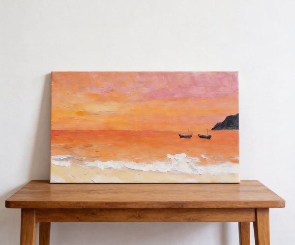 Hand Painted Canvas Artwork, Small Canvas Wall Art Paintings, Sunset Paintings, Boats Adrift in Sunset Glow, Original Seascape Paintings-ArtWorkCrafts.com