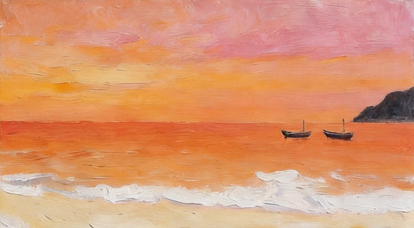 Hand Painted Canvas Artwork, Small Canvas Wall Art Paintings, Sunset Paintings, Boats Adrift in Sunset Glow, Original Seascape Paintings-ArtWorkCrafts.com