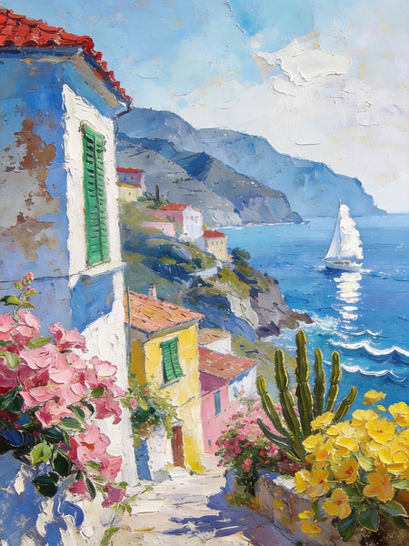 Summer in a Seaside Town, Original Artwork Small Paintings, On Canvas Small Paintings, Palette Knife Artwork, Landscape Canvas Paintings, Hand Painted Canvas Art-ArtWorkCrafts.com
