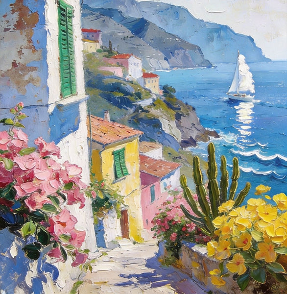 Summer in a Seaside Town, Original Artwork Small Paintings, On Canvas Small Paintings, Palette Knife Artwork, Landscape Canvas Paintings, Hand Painted Canvas Art-ArtWorkCrafts.com