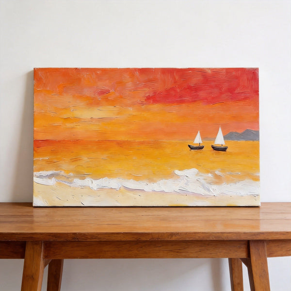 Small Canvas Wall Art Paintings, Original Seascape Paintings, Sailing into the Tangerine Dusk, Seashore Sunset Paintings, Hand Painted Canvas Art-ArtWorkCrafts.com